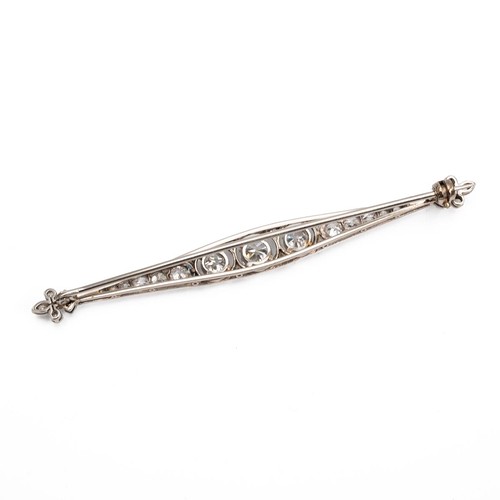 163 - 18ct white gold (tested) with 9ct white gold clip (tested) diamond encrusted bar brooch, the central... 