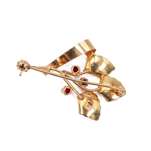 168 - 18ct gold hallmarked  leaf brooch set with three cabochon, weight 4.6 grams.
