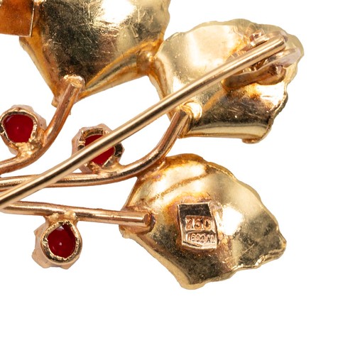 168 - 18ct gold hallmarked  leaf brooch set with three cabochon, weight 4.6 grams.