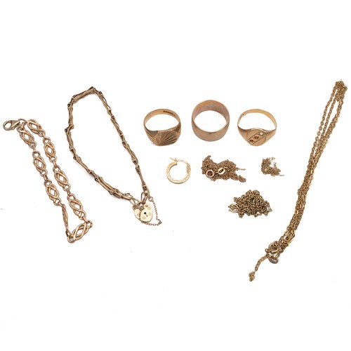 216 - A collection of 9ct gold jewellery including three rings, gate bracelet, link bracelet and mixed nec... 