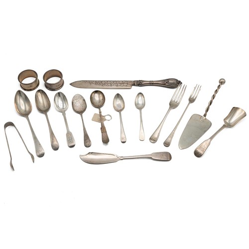 355 - A collection of mixed Georgian and Victorian silver flatware to include various spoons, forks, an Ir... 
