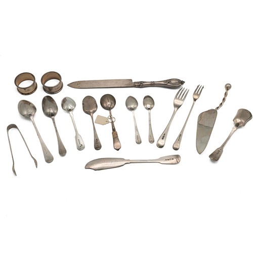 355 - A collection of mixed Georgian and Victorian silver flatware to include various spoons, forks, an Ir... 