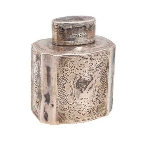 406 - A silver hallmarked tea caddy with engine turned and foliate decorations, vacant cartouche to centre... 