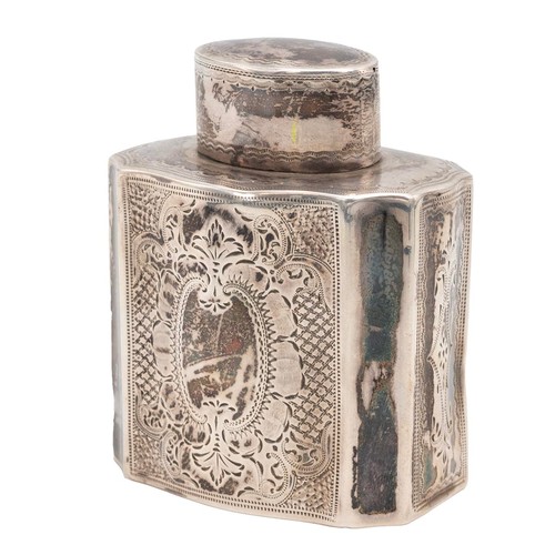 406 - A silver hallmarked tea caddy with engine turned and foliate decorations, vacant cartouche to centre... 