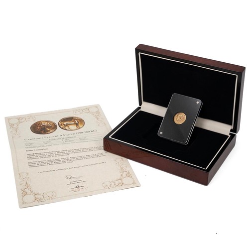 443 - Zeugitana, Carthage electrum Stater (290-280 BC), head of Tanit, revs. horse standing. 7.6 grams, 18... 