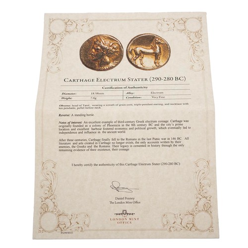 443 - Zeugitana, Carthage electrum Stater (290-280 BC), head of Tanit, revs. horse standing. 7.6 grams, 18... 