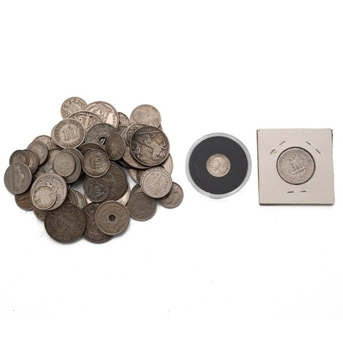 534 - Small cash tin with assorted silver world coins to include franks, USA coinage, Irish coins and othe... 