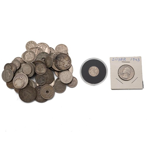 534 - Small cash tin with assorted silver world coins to include franks, USA coinage, Irish coins and othe... 