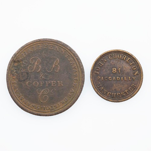 633 - An 1811 Bristol, Swansea and London token, BB copper CO, along with 19th century token John Chorlton... 