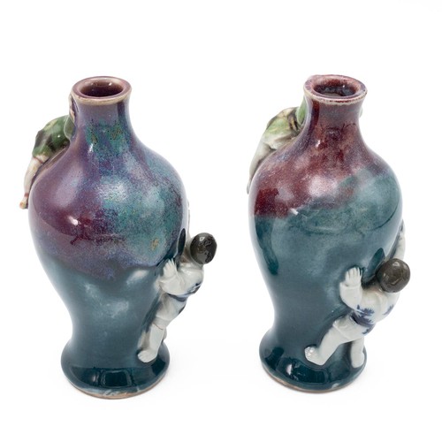 635 - A pair of Meiji (1868-1912) Japanese Sumida Gawa vases with jun (chun) type drip glaze blue, green, ... 