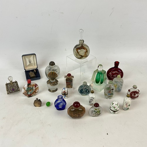 663 - Collection of Chinese scent bottles, including reverse glass-painted examples, a cranberry glass vas... 