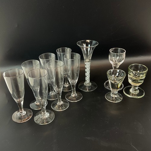 665 - An 18th century Georgian Ratafia glass with double series opaque twist stem, Victorian penny lick, a... 