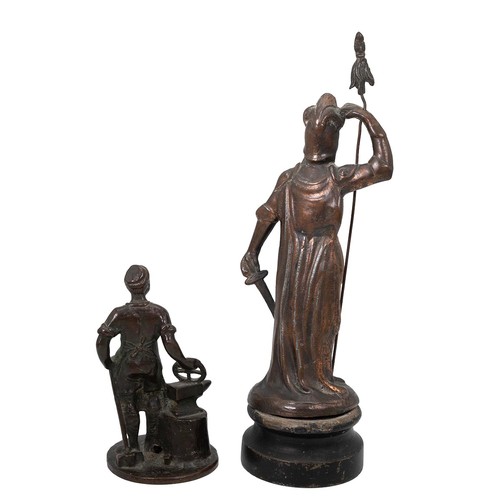687 - A bronze figure of a blacksmith, along with a spelter figure of a standing knight titled Le Chevalie... 