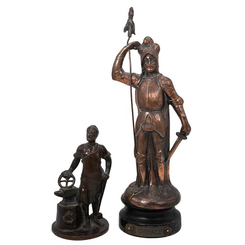 687 - A bronze figure of a blacksmith, along with a spelter figure of a standing knight titled Le Chevalie... 