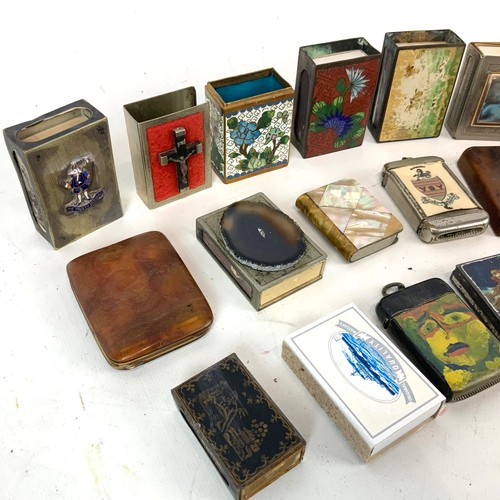 694 - Collection of matchbox cases including cloisonné, faux tortoise shell, mother of pearl and a silver ... 