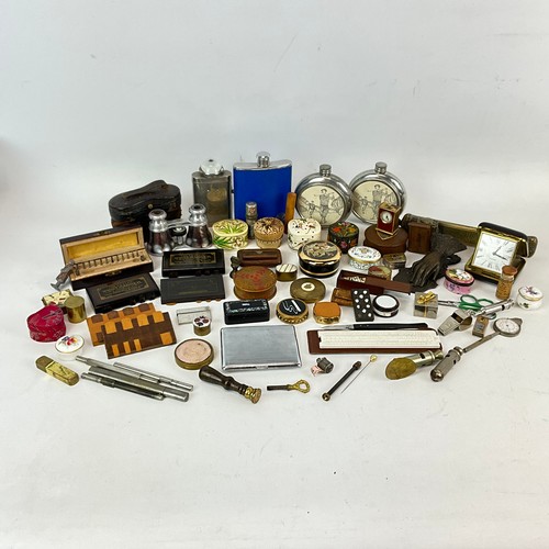695 - A collection of boxes, whist markers, whistles, a cigarette case, pen holder, flasks and collectable... 