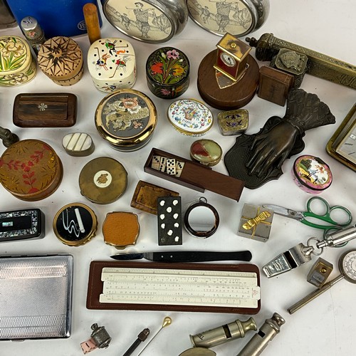 695 - A collection of boxes, whist markers, whistles, a cigarette case, pen holder, flasks and collectable... 