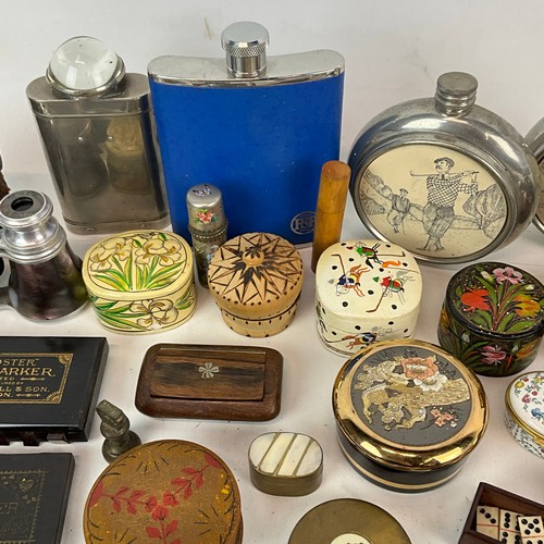 695 - A collection of boxes, whist markers, whistles, a cigarette case, pen holder, flasks and collectable... 