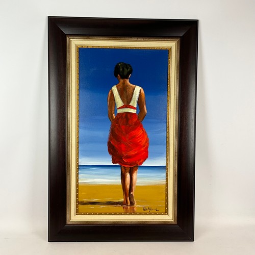 715 - Pieter Millard, (1936-2017)Woman on the beach, oil on board. 91cm x 49cm