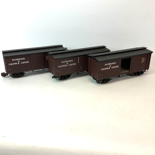 796 - Three Bachmann 'G' scale  20' box car 95344 ' Florence & Cripple Creek.