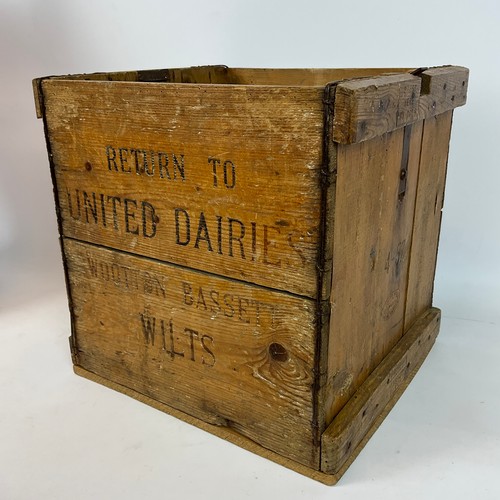 833 - Local interest: A United Dairies crate stamped 'Return To United Dairies, Wootton Bassett, Wilts'; a... 