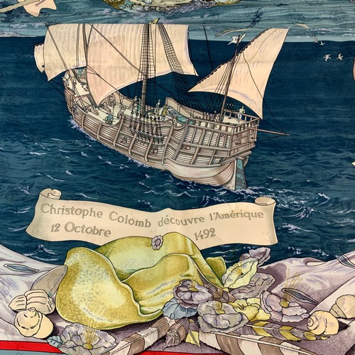 856 - Carle De Parcevaux designed Hermes Christopher Columbus silk scarf 90cm.