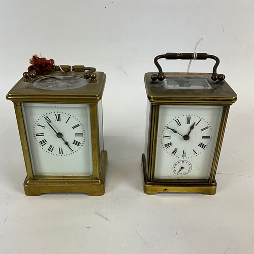 878 - Two brass cased carriage clocks one alarm example, both with white enamel dials and Roman numeral in... 