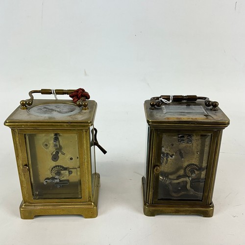 878 - Two brass cased carriage clocks one alarm example, both with white enamel dials and Roman numeral in... 