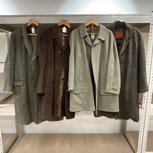 47 - A collection of men's coats, examples to include a Macintosh, Cordings of London, Burton, and a lamb... 