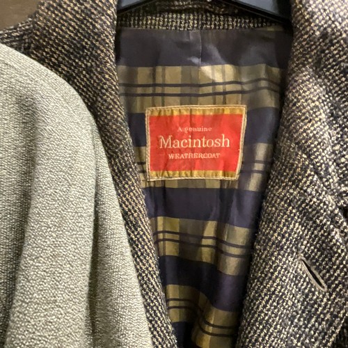 47 - A collection of men's coats, examples to include a Macintosh, Cordings of London, Burton, and a lamb... 
