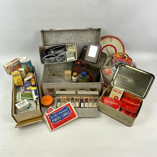 57 - A collection of sewing items, along with vintage medication tins, shaving kit, advertising boxes and... 