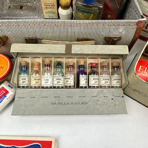 57 - A collection of sewing items, along with vintage medication tins, shaving kit, advertising boxes and... 