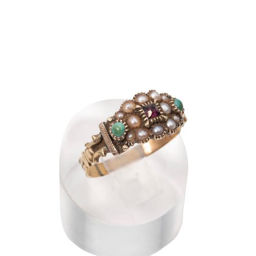 4 - A Victorian gold, pearl, turquoise and amethyst  ring, tested as 12ct gold, size R, weight 2.6 grams... 
