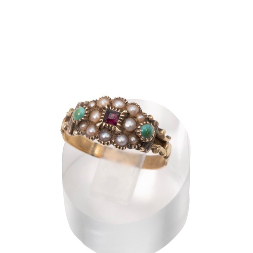 4 - A Victorian gold, pearl, turquoise and amethyst  ring, tested as 12ct gold, size R, weight 2.6 grams... 