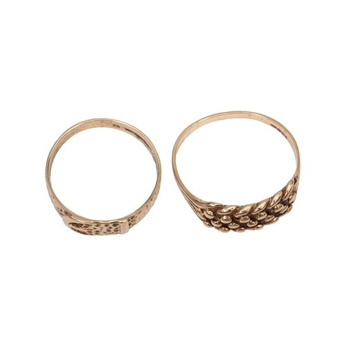 9 - Two 9ct gold hallmarked rings, one in the form of a belt, size R; and one with rope twist decoration... 
