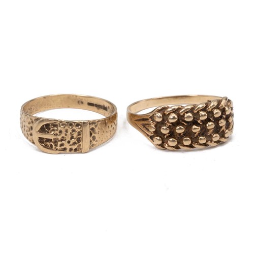 9 - Two 9ct gold hallmarked rings, one in the form of a belt, size R; and one with rope twist decoration... 