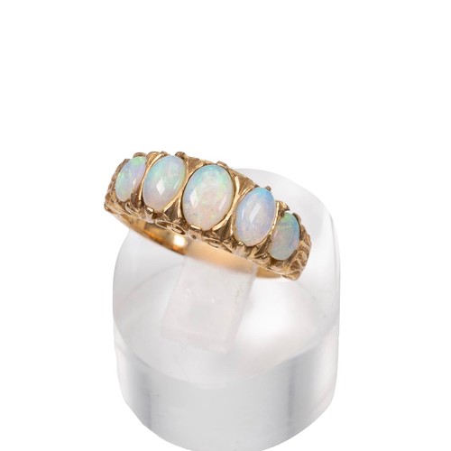 15 - A 9ct gold five stone opal ring, the opals of graduating oval form displaying a full range of colour... 