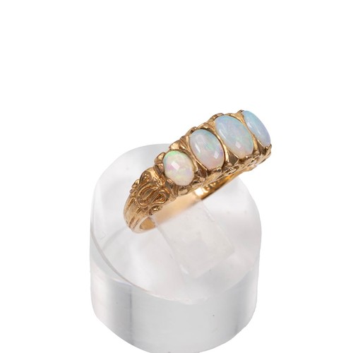 15 - A 9ct gold five stone opal ring, the opals of graduating oval form displaying a full range of colour... 