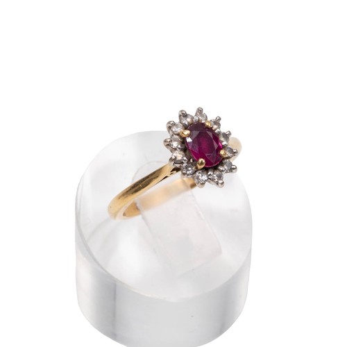 16 - 18ct gold ruby and diamond dress ring, the central ruby surrounded by border of diamonds, size M, we... 