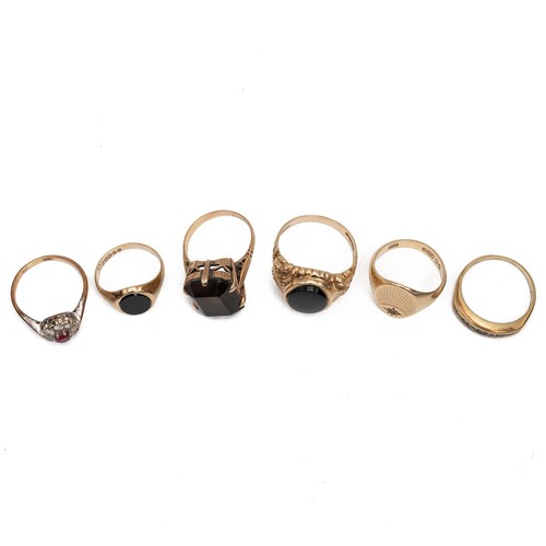 24 - A collection of six 9ct gold rings to include three signet style rings, one cocktail ring and two ge... 