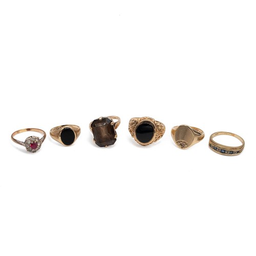 24 - A collection of six 9ct gold rings to include three signet style rings, one cocktail ring and two ge... 