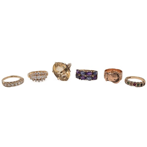 31 - A collection of five 9ct gold gem set rings, gross weight 19.9 grams. Including one in the form of a... 