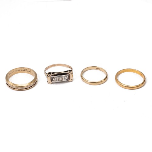 41 - Two 14ct gold bands, size P and K, gross weight 6.6 grams; a 22ct wedding band size P, weight 3.1 gr... 