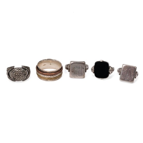 43 - Collection of ten silver rings, including marcasite set examples, onyx examples and others, total we... 