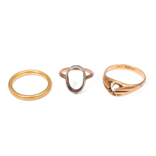 55 - Three rings: 22ct wedding band, size O, weight 5.1 grams; an 18ct, weight 4.8 grams and a 9ct, weigh... 