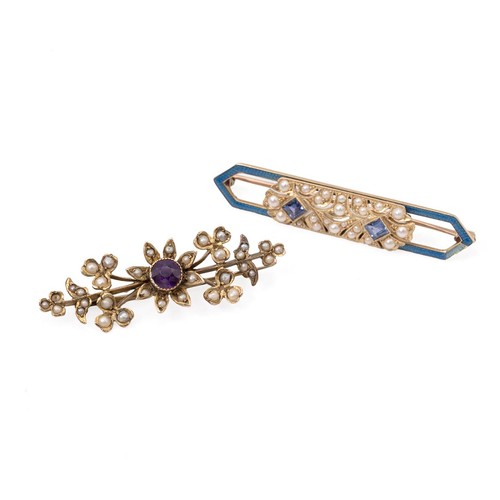 108 - A 15ct gold, enamel, seed pearl and sapphire bar brooch, 5.3 grams, along with a 9ct gold seed pearl... 