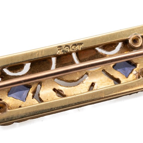 108 - A 15ct gold, enamel, seed pearl and sapphire bar brooch, 5.3 grams, along with a 9ct gold seed pearl... 