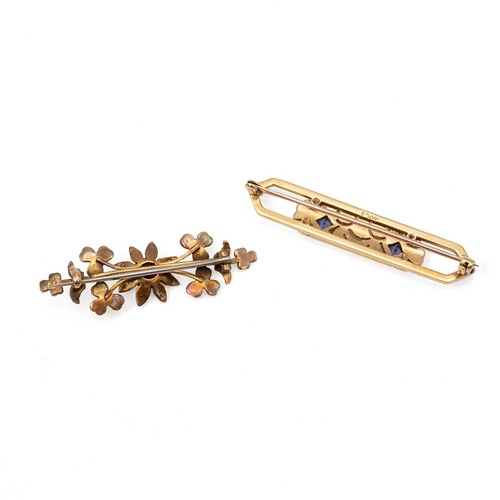 108 - A 15ct gold, enamel, seed pearl and sapphire bar brooch, 5.3 grams, along with a 9ct gold seed pearl... 