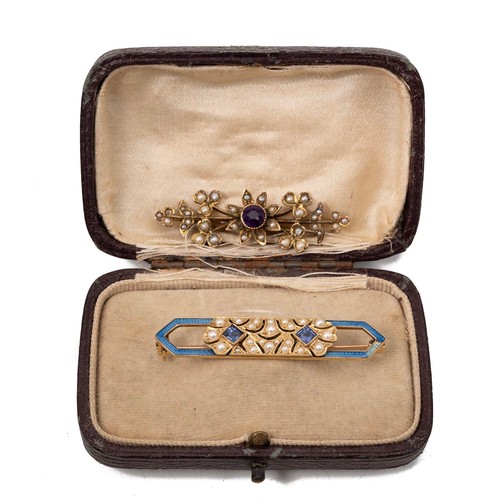 108 - A 15ct gold, enamel, seed pearl and sapphire bar brooch, 5.3 grams, along with a 9ct gold seed pearl... 
