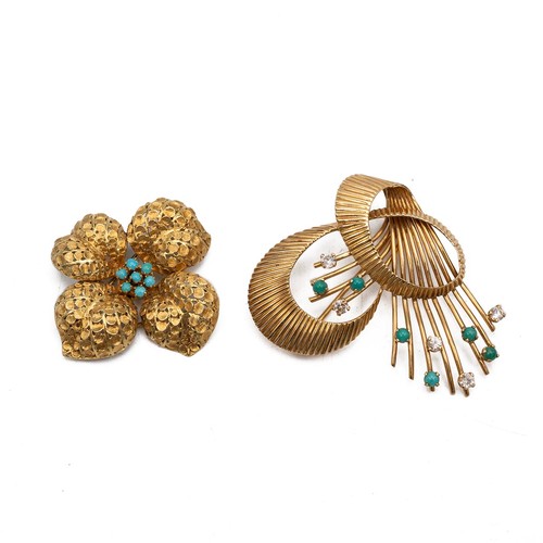 110 - An 18ct gold and turquoise open-work flower brooch, 7.8 grams, along with a gold abstract brooch, te... 